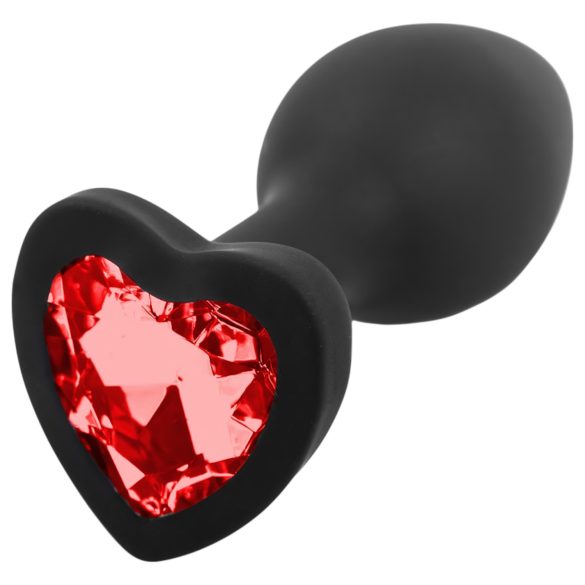 Sunfo - Plug Anal de Silicone com Pedra Vermelha em Forma de Coração (Preto)