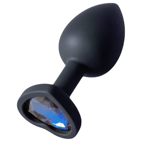 Sunfo - plugue anal de silicone com pedra azul escura em forma de coração (preto)