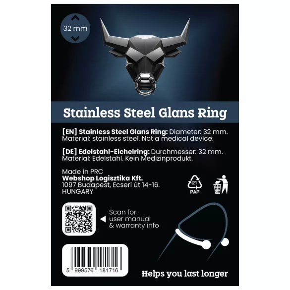 Rozsdamentes - anel peniano para glande - retardo da ejaculação - aço inox 32mm