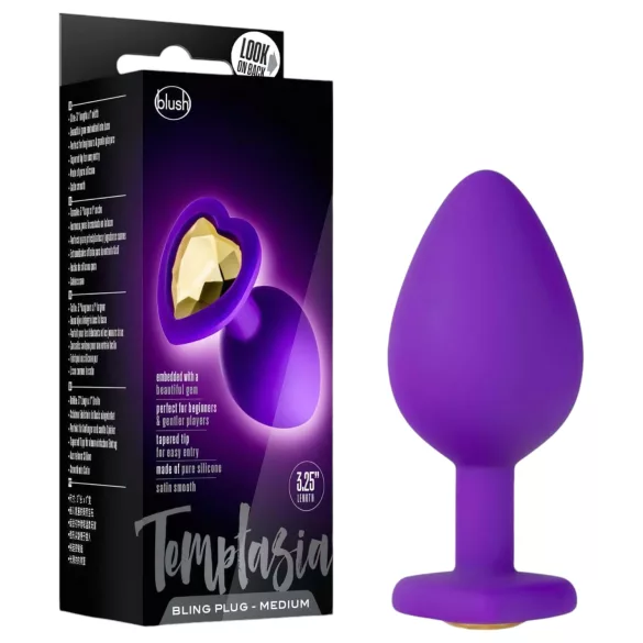Temptasia M - plug anal coração com pedra dourada - silicone lilás médio