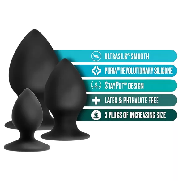 Anal Adventures Platinum Stout - plug anal kit - 3 peças - preto