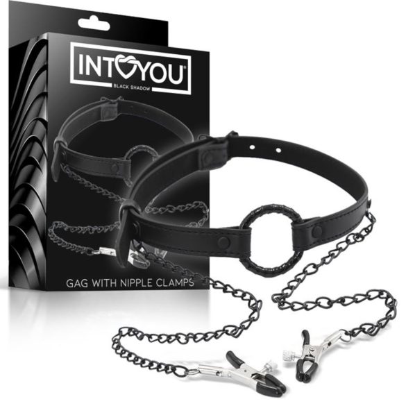 INTOYOU - amordaçador com prendedor de mamilos (preto)