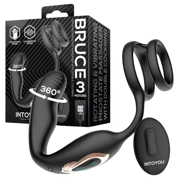 IntoYou Bruce - vibrador de próstata rotativo com controlo remoto e anel duplo (preto)