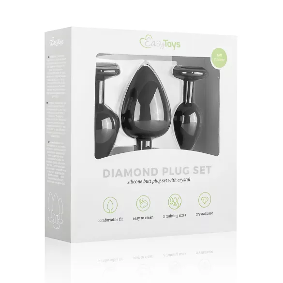 Easytoys Diamond - kit plug anal - com joia - silicone preto