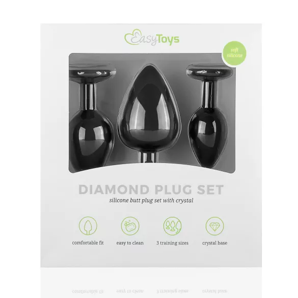 Easytoys Diamond - kit plug anal - com joia - silicone preto