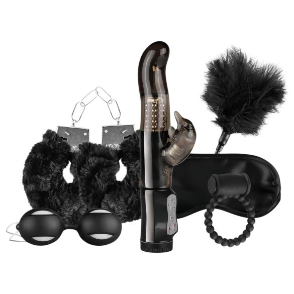 LoveBoxxx Eu Amo Preto - Conjunto de Vibrador e Amarras (6 Peças)