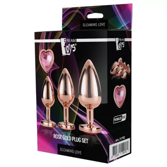 Gleaming Love - plug anal coração - kit 3 peças - rosegold
