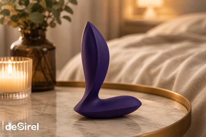Brinquedo anal roxo para principiantes exposto num quarto acolhedor e discreto | Sex Shop Portugal Desirel.pt