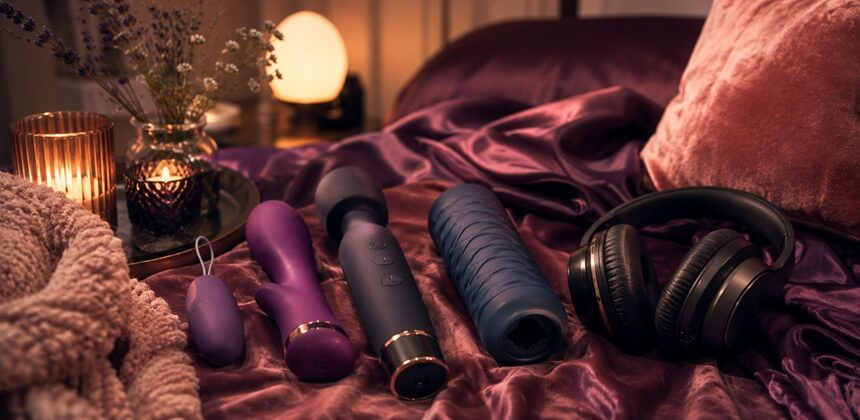 Brinquedos silenciosos e auscultadores sobre cetim roxo criam um ambiente íntimo de asmr sexual | Sex Shop Portugal Desirel.pt